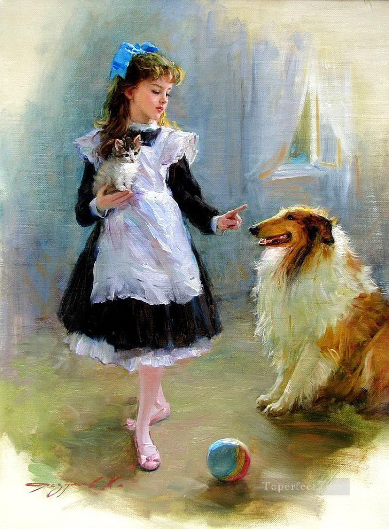 Girl and Dog Kitten KR 002 pet kids Oil Paintings